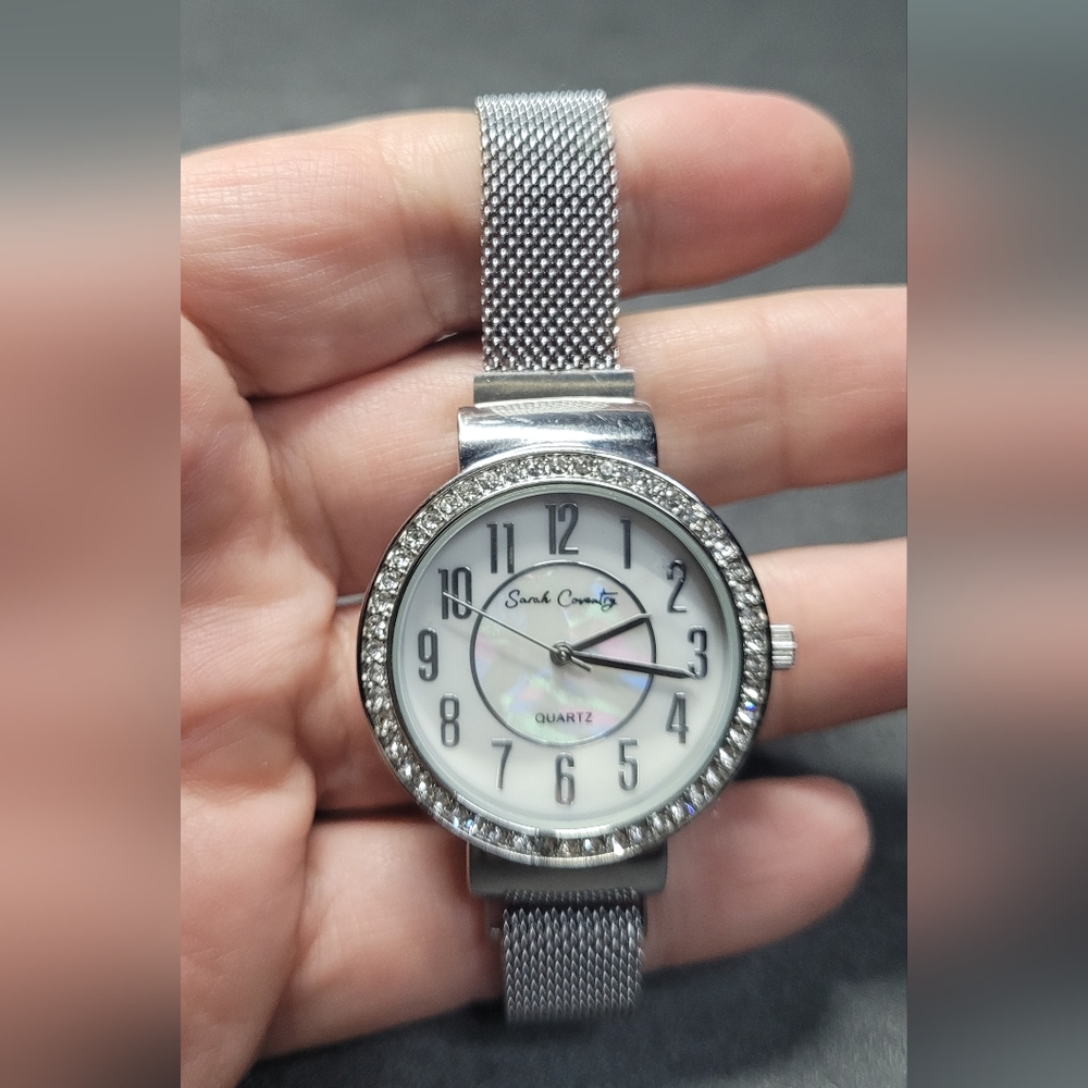 Sarah Coventry Watch Rhinestoned Bezel w/ Adjustable Magnetic Mesh Band